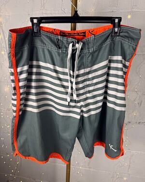 Lost Men's Board Shorts Swim Trunks Size 38 Gray/White Striped Orange Trim